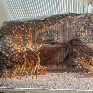 Festive Christmas Holiday Backdrop with Reindeer and Wreaths 16’x7’
